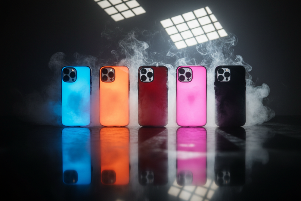 A cinematic shot juxtaposing glowing iPhone 16 PRO MAX cases—one neon blue, one neon orange-red, one red, one pink, and one black—each emitting a powerful internal glow throughout its entire casing, surrounded by soft smoke, set on a glossy, reflective surface with dramatic shadows and distinctive commercial lighting.