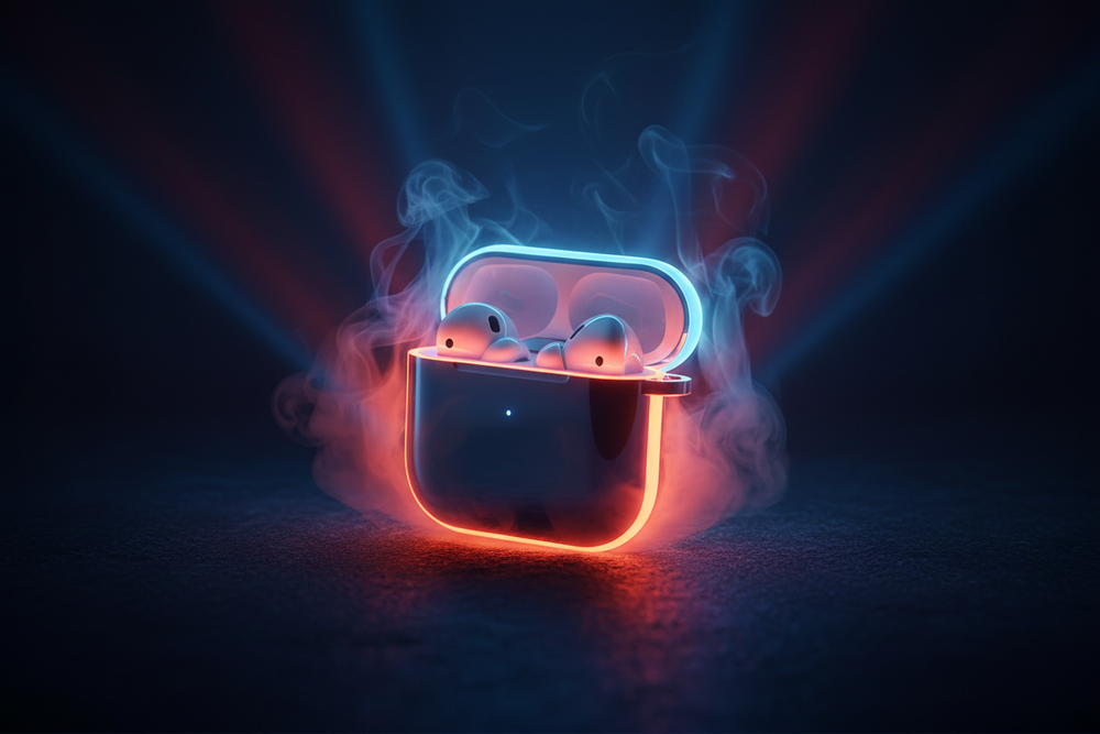 A cinematic studio shot of one glowing AirPods cases with heavy neon colors (blue and orange-red), surrounded by soft smoke effects. Dramatic shadows, deep contrast, premium advertisement lighting.  Cover open