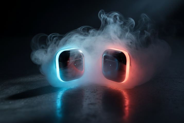 A cinematic studio shot of two glowing AirPods cases with heavy neon colors (blue and orange-red), surrounded by soft smoke effects. Dramatic shadows, deep contrast, premium advertisement lighting.