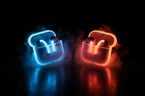 A cinematic studio shot of two glowing AirPods cases with intense neon colors (blue and orange-red), with the AirPods earbuds partially emerging from each case. Soft smoke effects surrounding the scene, dramatic shadows, deep contrast, glossy reflections, and premium commercial lighting. Neon aura around the cases and earbuds, ultra-realistic textures, sharp details, dark cinematic background, Ultra HD product photography.