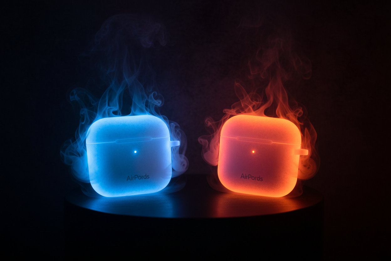 A cinematic studio shot of two glowing AirPods cases with intense neon colors (one blue and one orange-red). Soft smoke effects surrounding the products, dramatic shadows, deep contrast, and high-end commercial lighting. Ultra-detailed textures, sharp reflections, premium advertising style, dark background, and a strong neon aura around each case. Ultra HD, product photography.