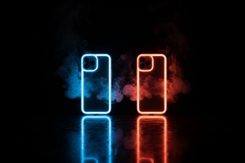 A cinematic studio shot of two glowing iPhone 16 Pro Max cases in neon blue and orange-red colors side by side on a glossy dark surface. Soft smoke rising around them, dramatic contrast, deep shadows, high-end commercial lighting.