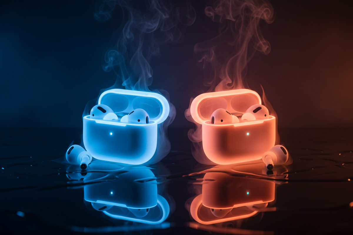 A high-end studio shot of two neon AirPods cases (blue and orange-red) placed on a glossy reflective surface, with the AirPods earbuds positioned outside and next to each case. Soft smoke, neon reflections, dramatic shadows, ultra-sharp details, luxury commercial lighting.