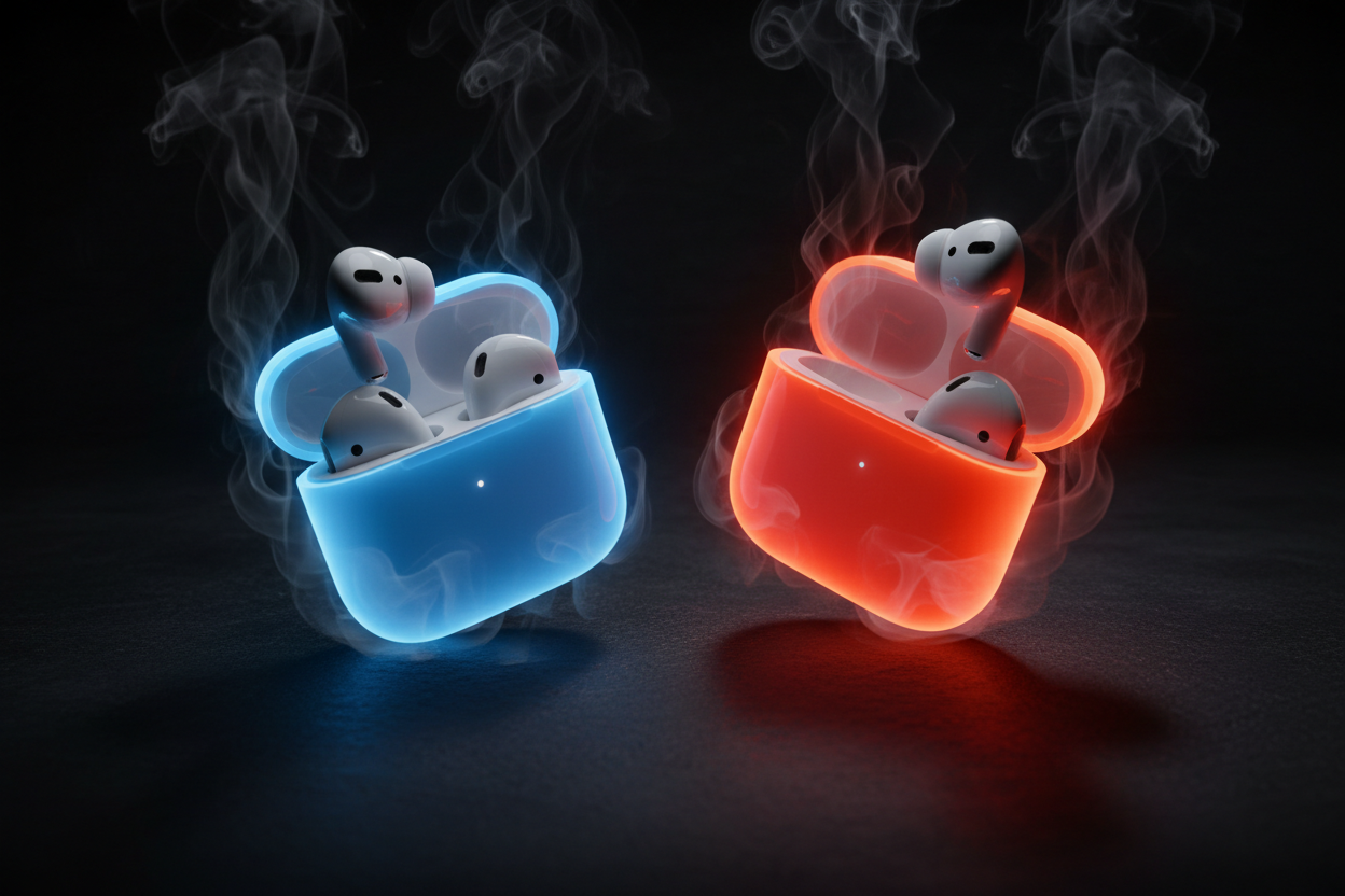 Ultra-realistic cinematic studio photo of two neon AirPods cases (blue and orange-red) with the AirPods earbuds clearly coming out of the open cases. Strong neon glow around the earbuds, soft atmospheric smoke, deep shadows, high contrast, premium advertising lighting, extremely sharp details, dark background, luxury tech style.